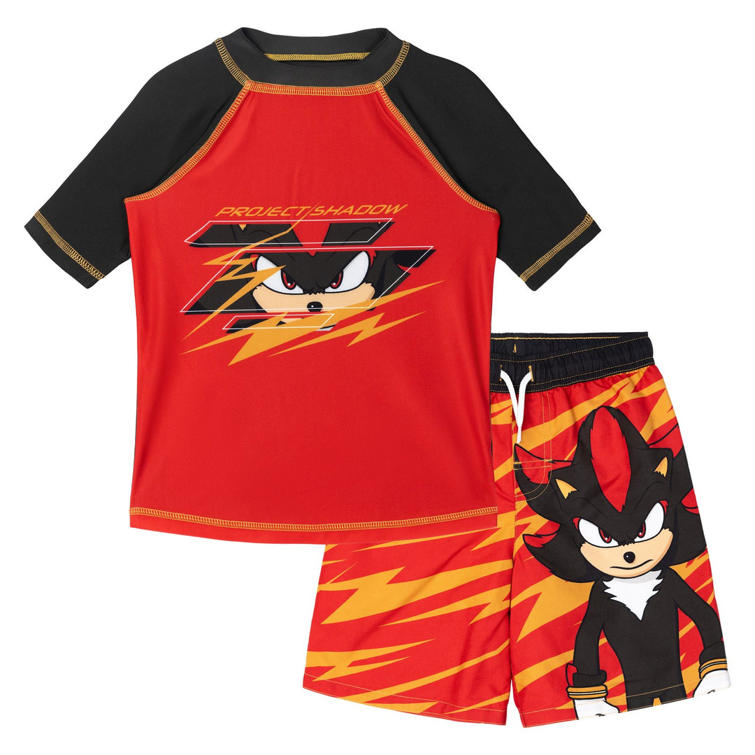 SEGA Sonic the Hedgehog Shadow 2-Piece Rash Guard and Swim Trunks Set Red Black