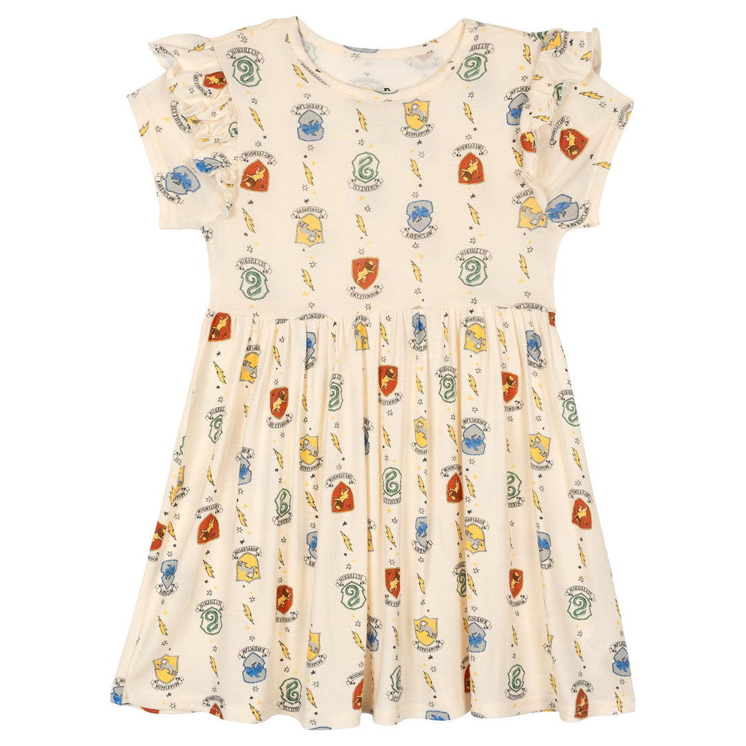 Harry Potter Girls' Short Sleeve Flare Dress White Crest Print