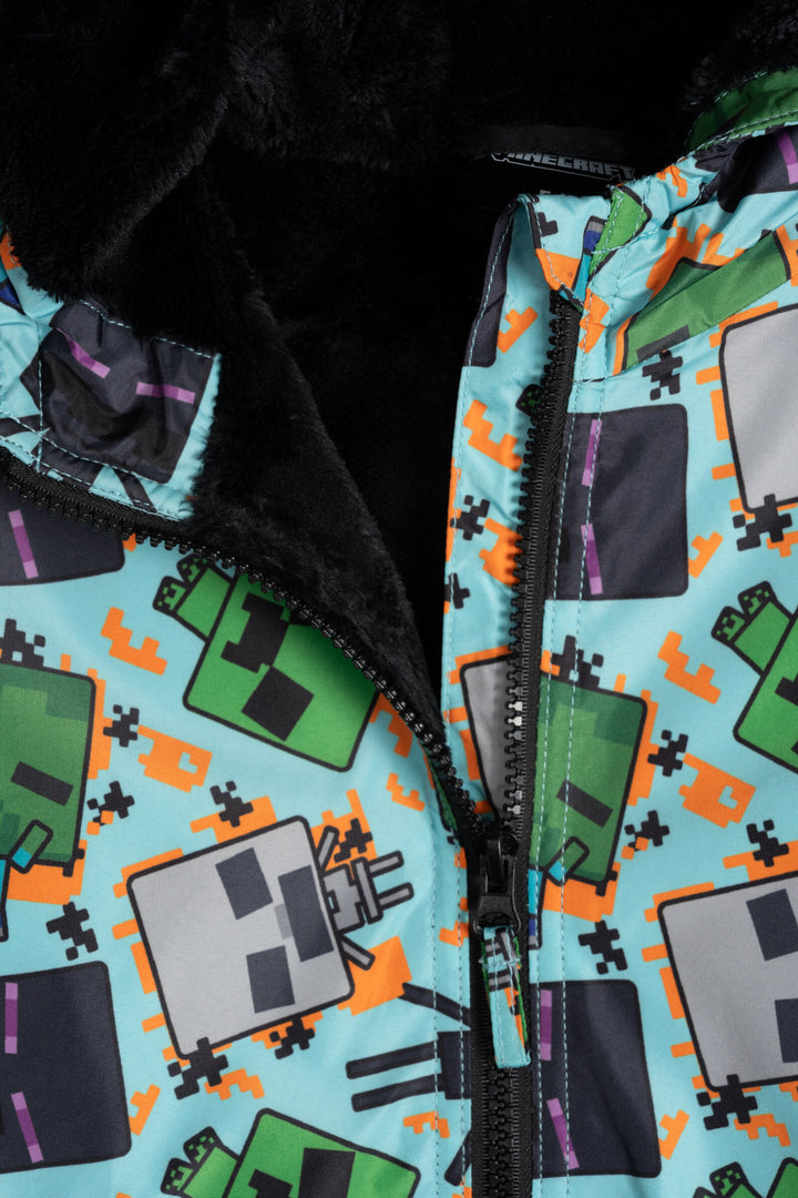 Minecraft Boys' Hooded Zip-Up Rain Jacket Light Blue