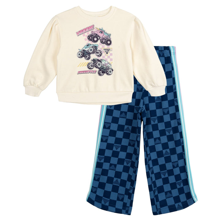 Monster Jam Girls' 2-Piece Fleece Sweatshirt and Pants Set Cream Blue Checker