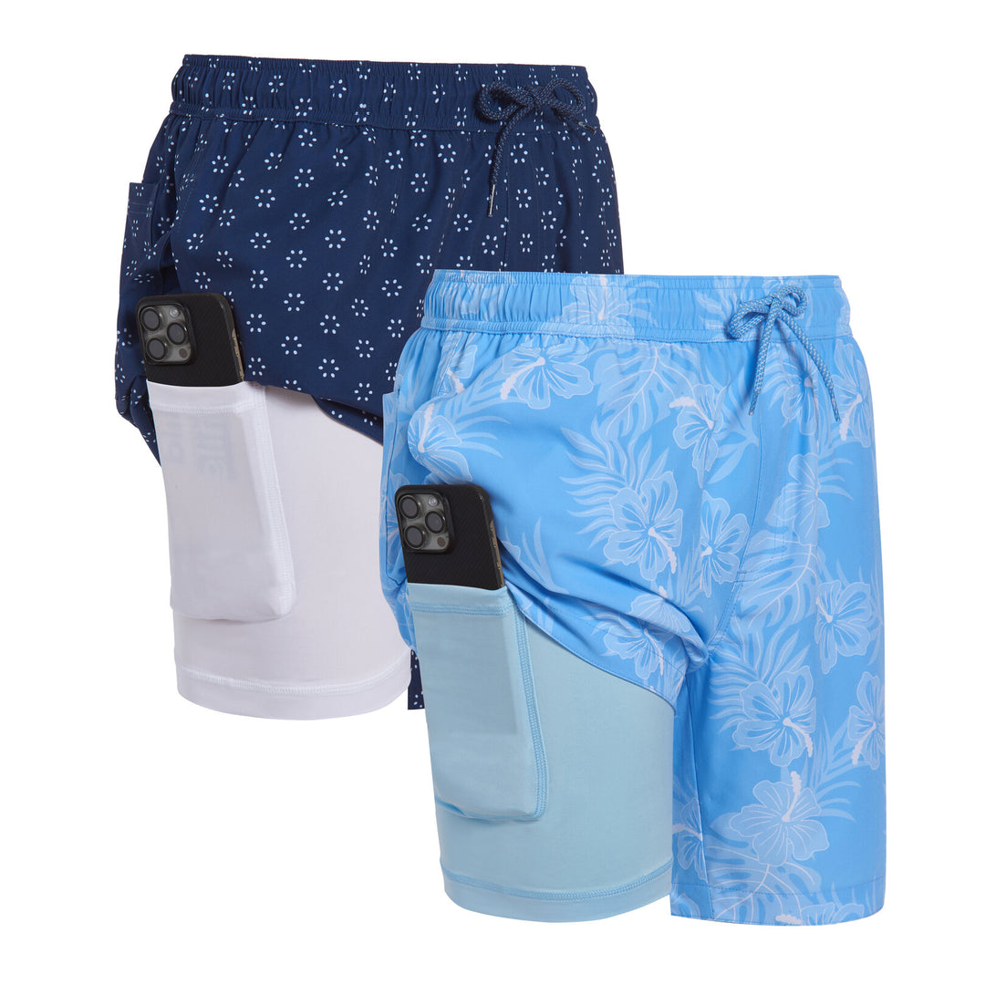 Dreamwave Men's 2-Pack Compression Liner Swim Trunks with Phone Pocket 7 inch Inseam Anti Chafing Navy Blue Floral