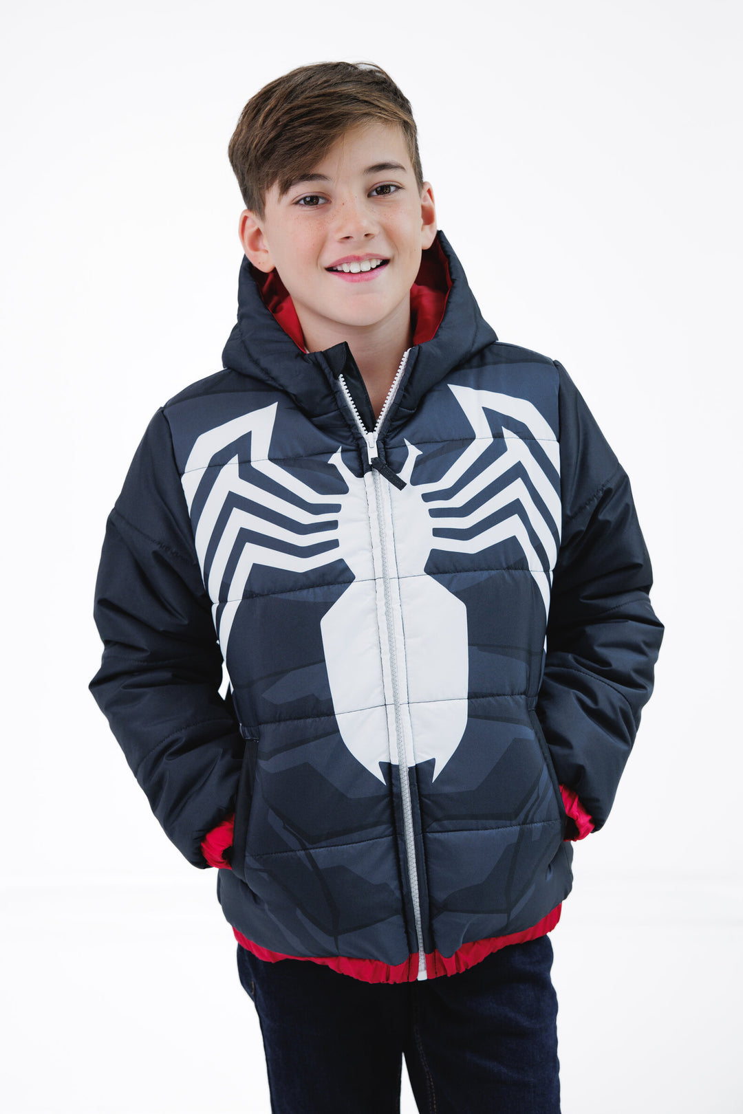 Marvel Spider-Verse Miles Morales Boys' Hooded Zip-Up Puffer Jacket Man Black