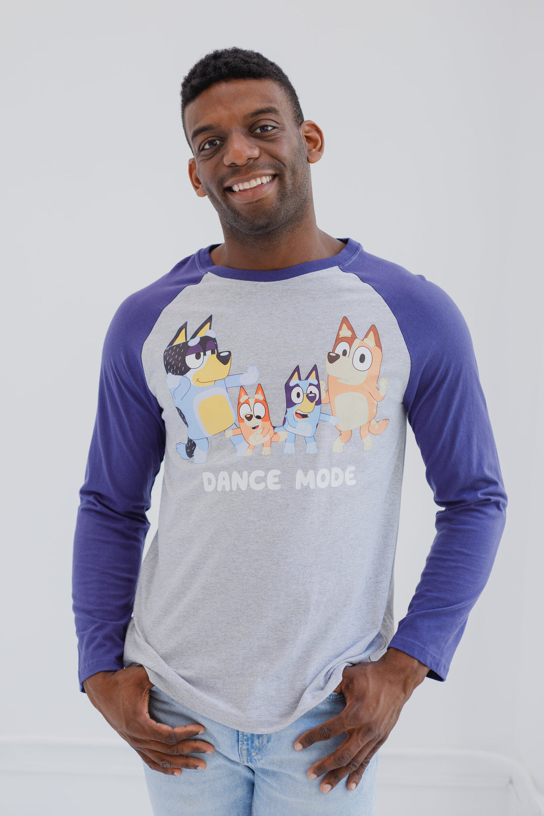 Bluey Adult Men or Women Long Sleeve Raglan Tee Heather Gray Navy