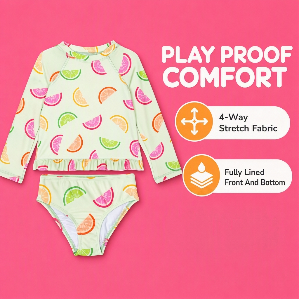 Dreamwave Girls' 2-Piece Swimwear Rash Guard and Bikini Set Mint Green Fruit