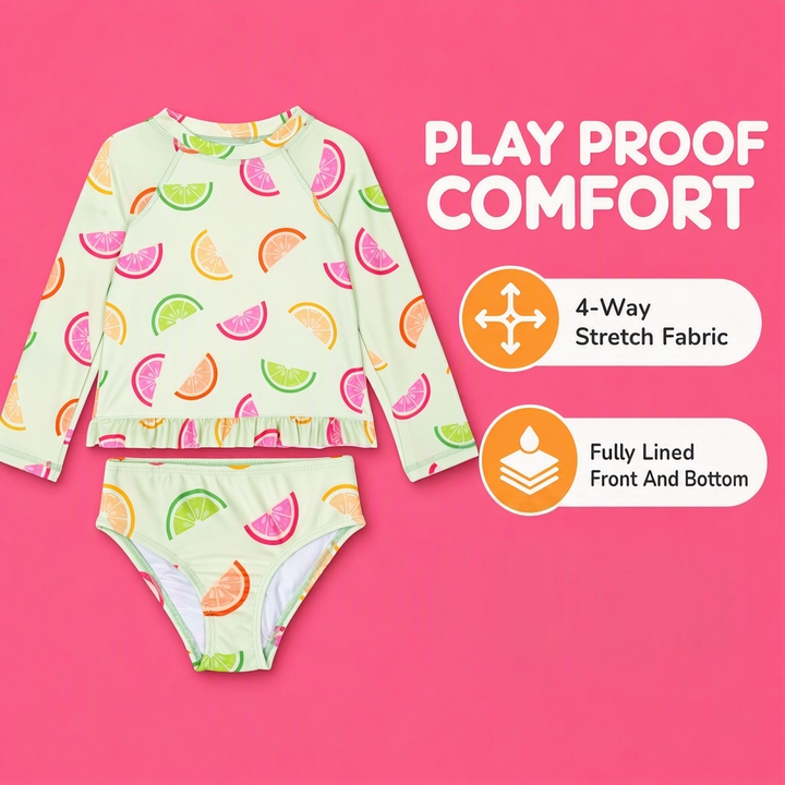 Dreamwave Girls' 2-Piece Swimwear Rash Guard and Bikini Set Mint Green Fruit