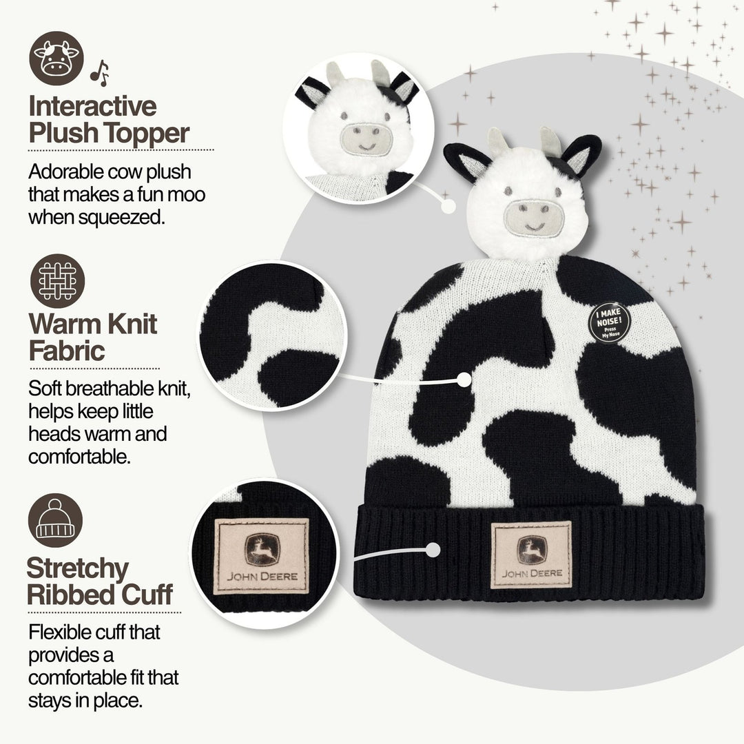 John Deere Toddler Boys' Pom Pom Beanie Hat with Sound Chip Black White Cow