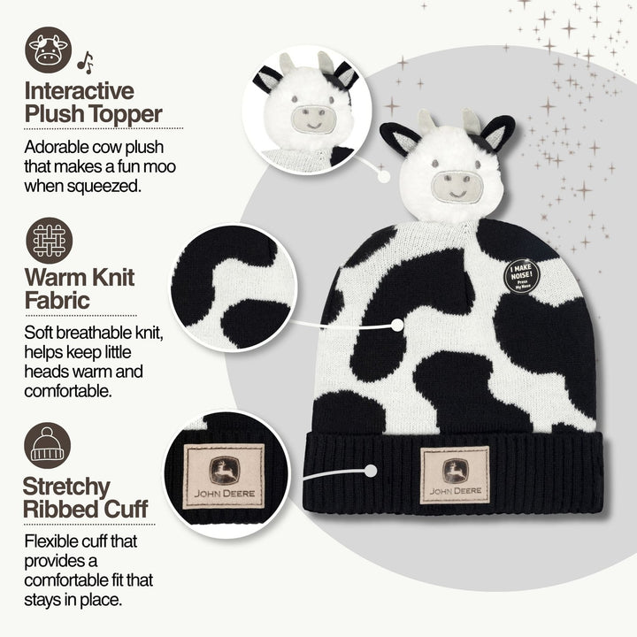 John Deere Toddler Boys' Pom Pom Beanie Hat with Sound Chip Black White Cow