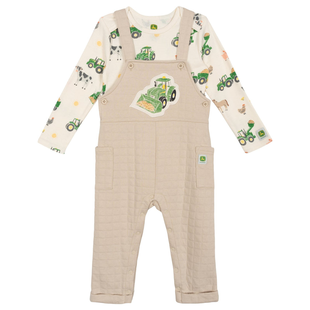 John Deere Baby Boys' 2-Piece Bodysuit and Overalls Set Khaki Cream