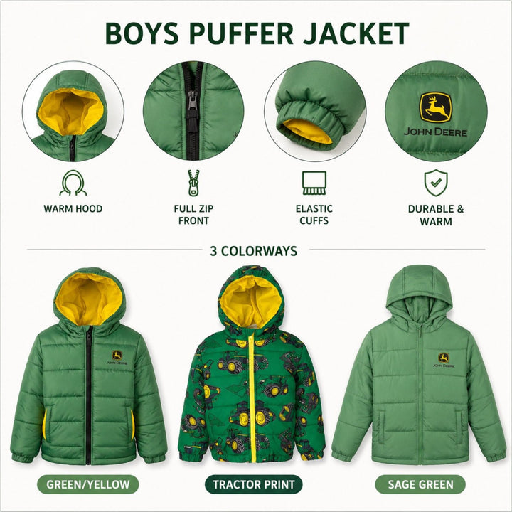 John Deere Men's Quilted Hooded Puffer Jacket Forest Green