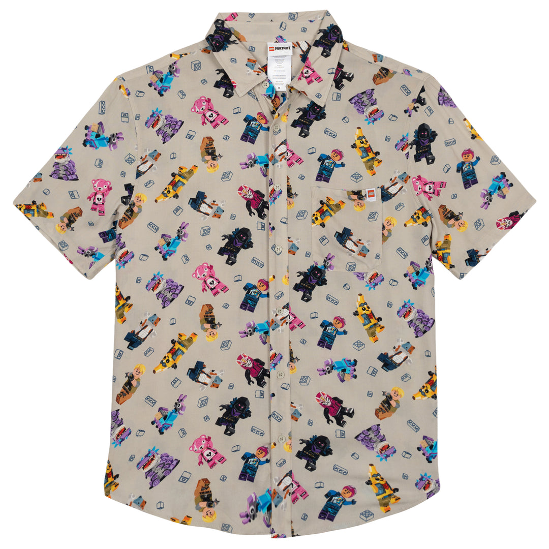 LEGO Fortnite Men's Short Sleeve Button Down Shirt Light Gray