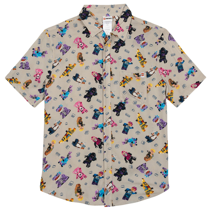 LEGO Fortnite Men's Short Sleeve Button Down Shirt Light Gray