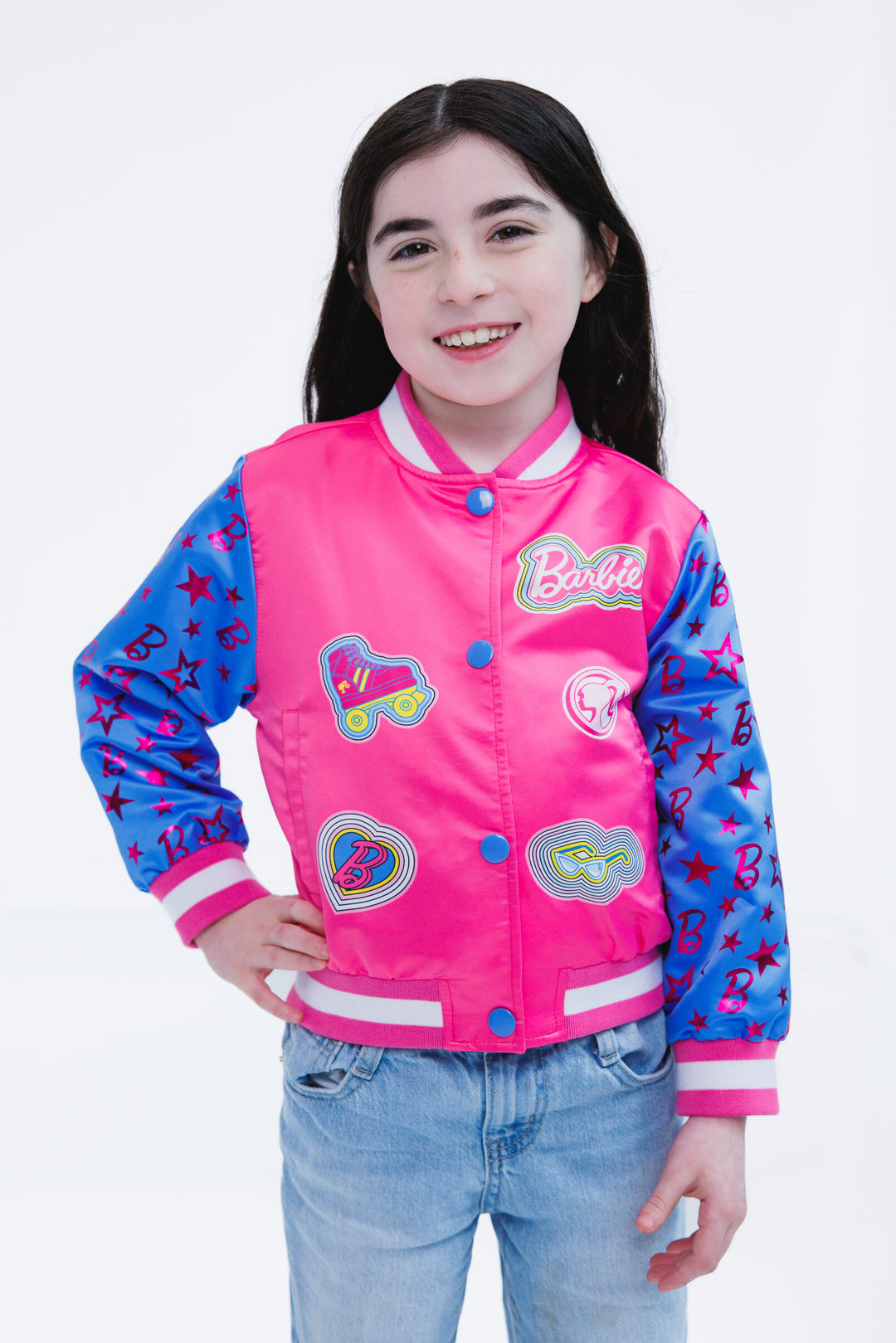 Barbie Girls' Varsity Bomber Jacket Pink Blue Foil