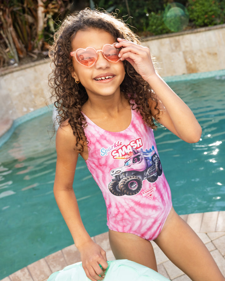 Monster Jam Sparkle Smash Girls' One Piece Bathing Suit UPF 50+ Pink