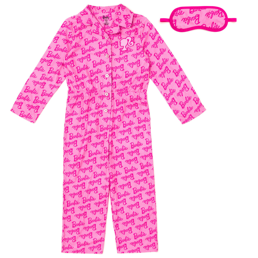 Barbie Girls' Fleece One Piece Pajama and Sleep Mask Set Classic Pink
