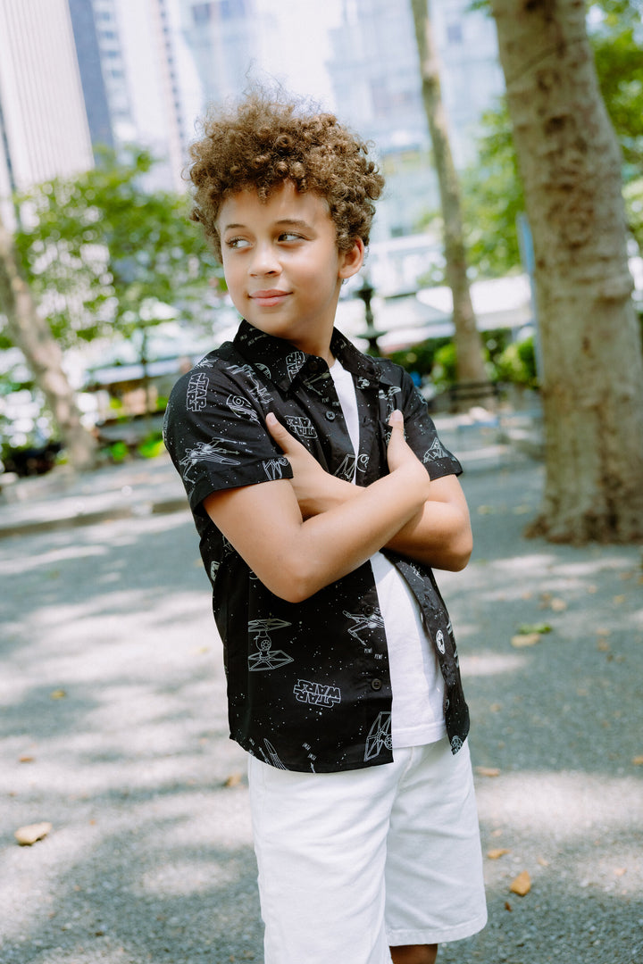 Star Wars Boys' Short Sleeve Button-Down Shirt Space Black