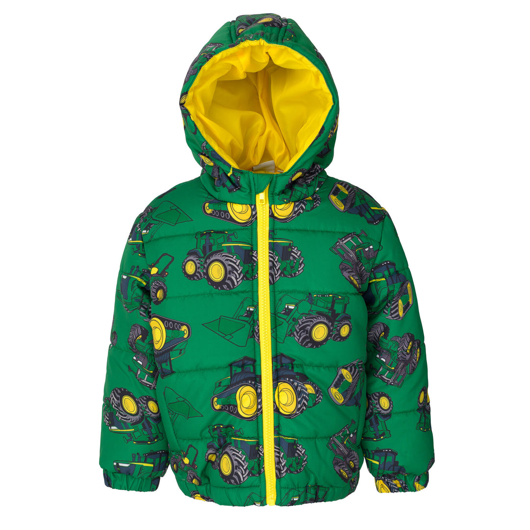 John Deere Boys' Quilted Hooded Puffer Jacket Tractor Green Print