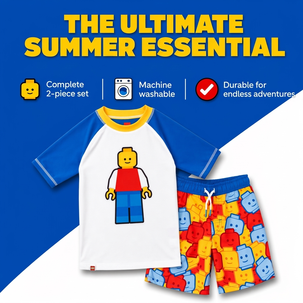 LEGO 2-Piece Swimwear Rash Guard and Swim Trunks Set Minifigure Blue Red