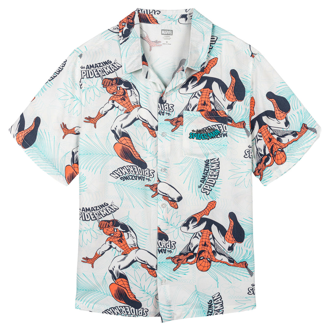Marvel Spider-Man Men's Hawaiian Short Sleeve Button Down Shirt White