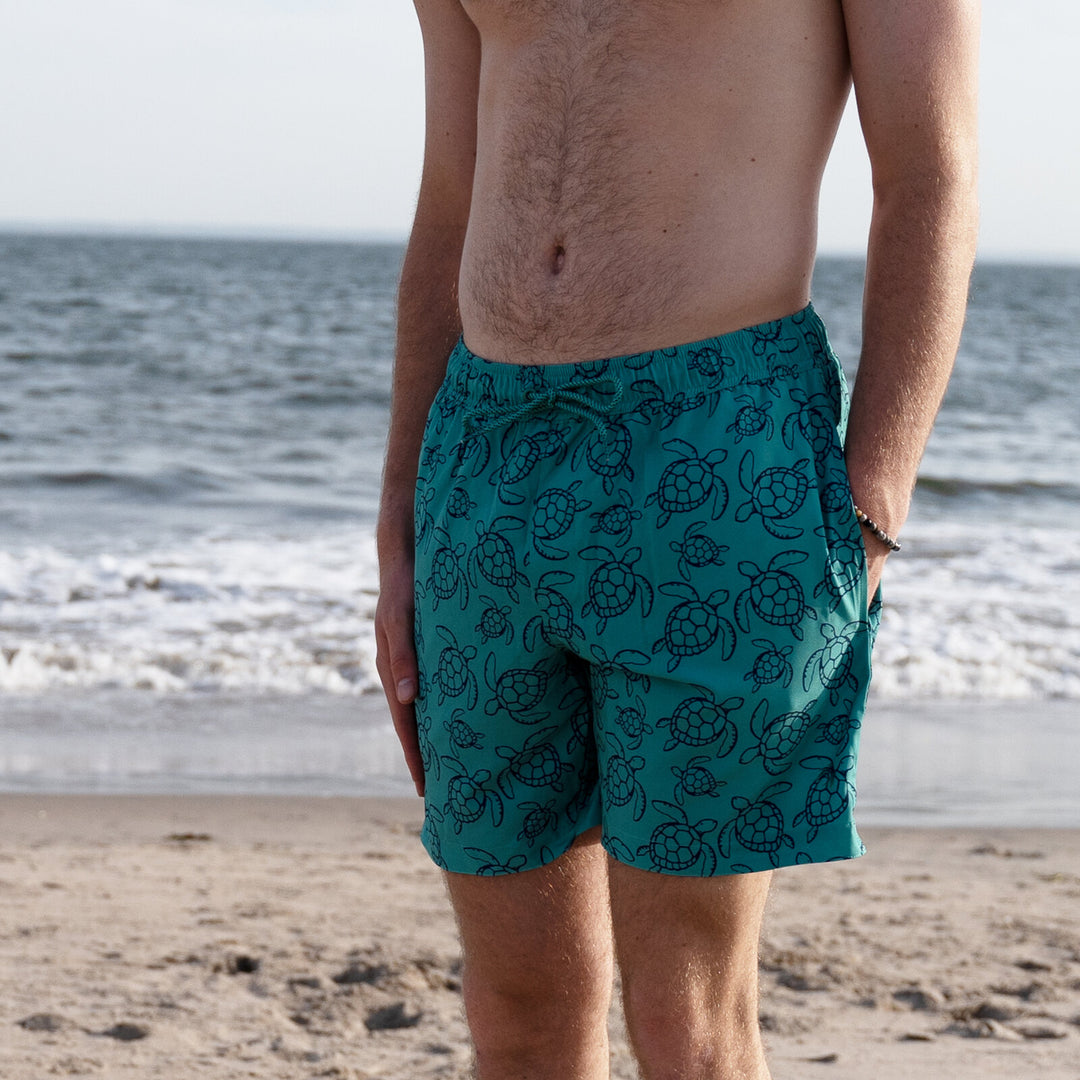 Dreamwave Men's 2-Pack Compression Liner Swim Trunks with Phone Pocket 7 inch Inseam Anti Chafing Navy Teal Turtles
