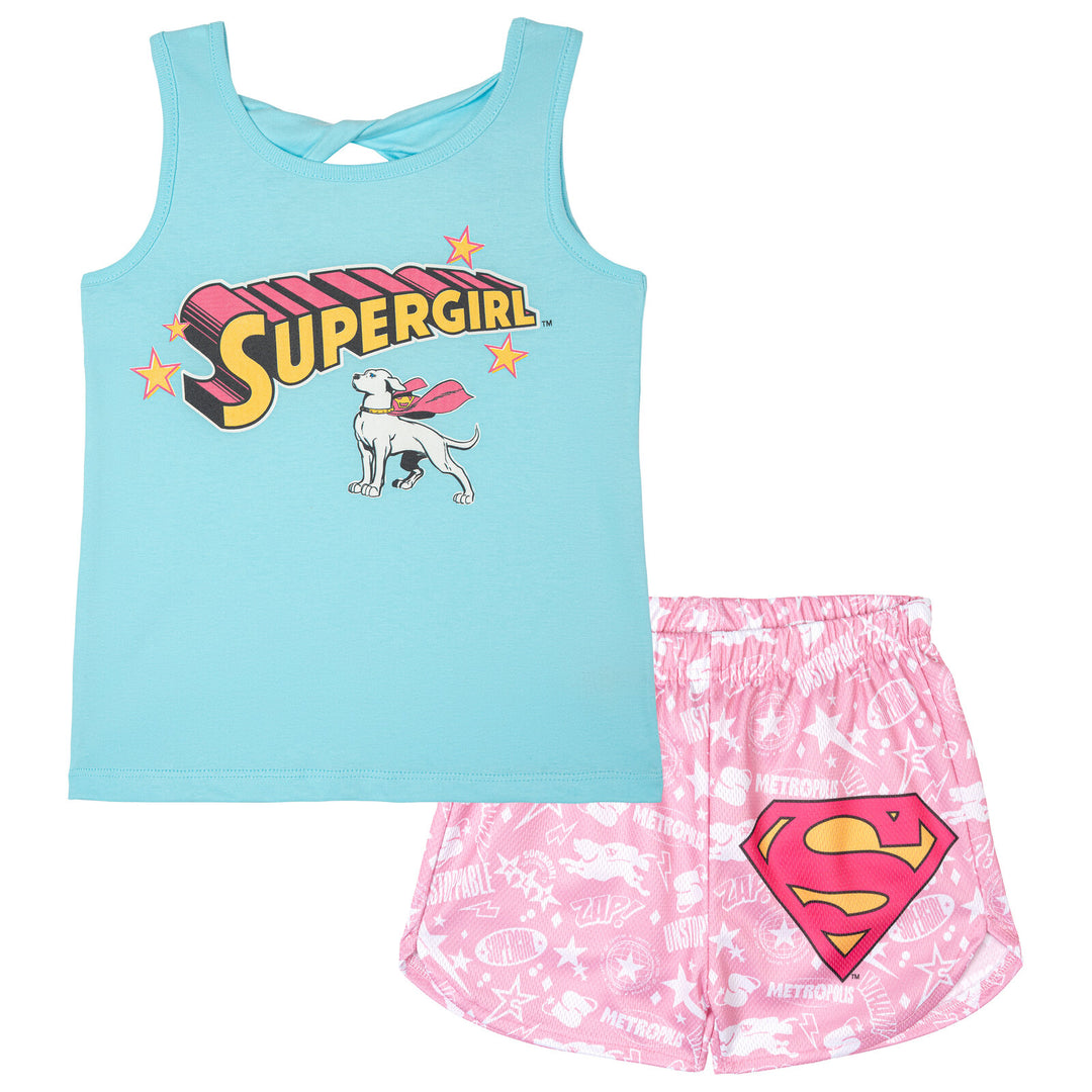 DC Comics Justice League Supergirl Girls' Athletic Tank Top and Shorts Set Krypto Blue Pink
