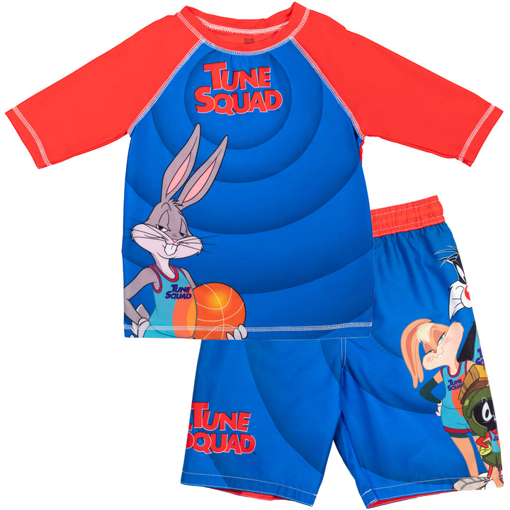 Looney Tunes Space Jam Boys' UPF 50+ Rash Guard and Swim Trunks Set Blue Red