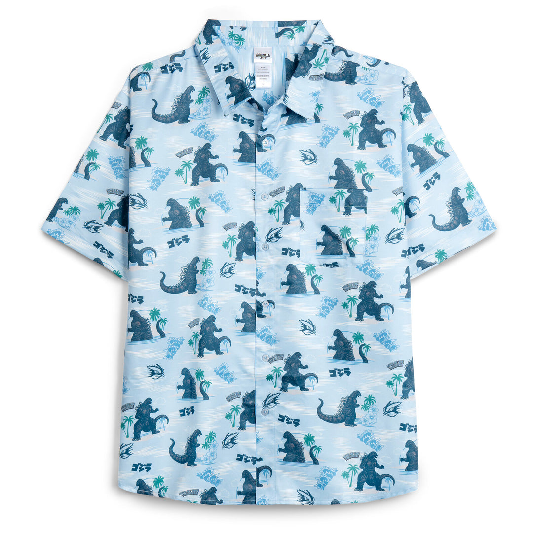 Godzilla Men's Hawaiian Button-Down Shirt Light Blue Floral