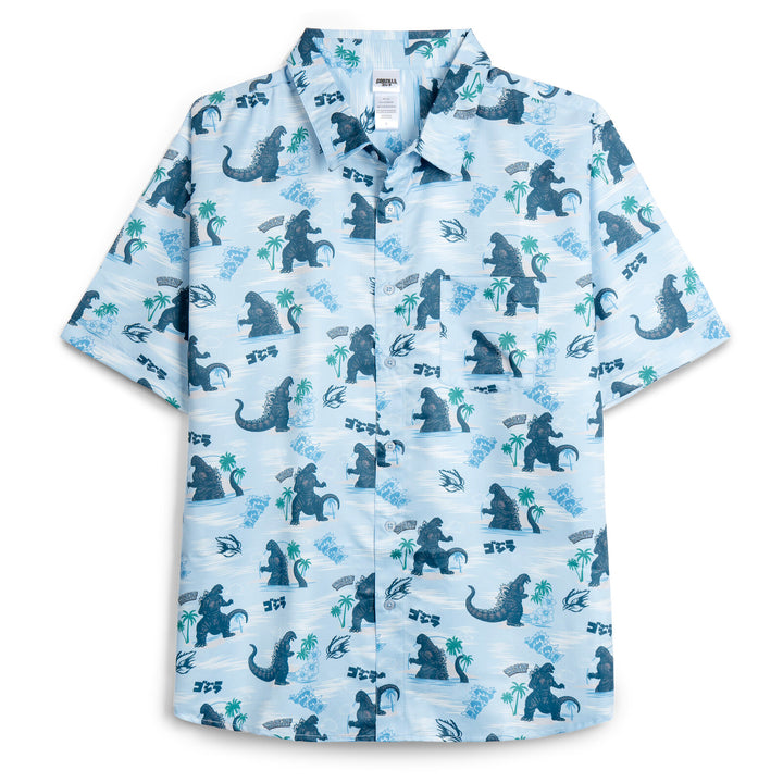 Godzilla Men's Hawaiian Button-Down Shirt Light Blue Floral