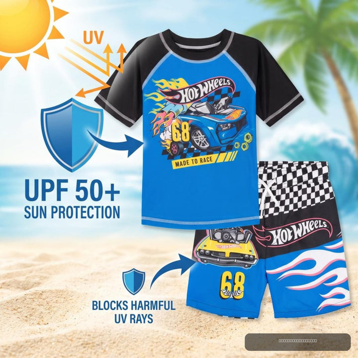 Hot Wheels 2-Piece Swimwear Rash Guard and Swim Trunks Set Blue Black Checker