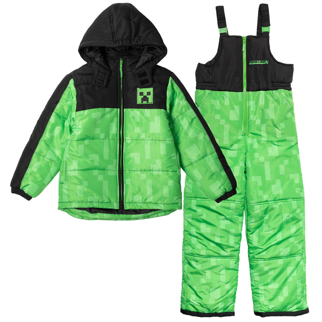Minecraft Creeper Boys' 2-Piece Hooded Puffer Jacket and Snow Bib Set Green