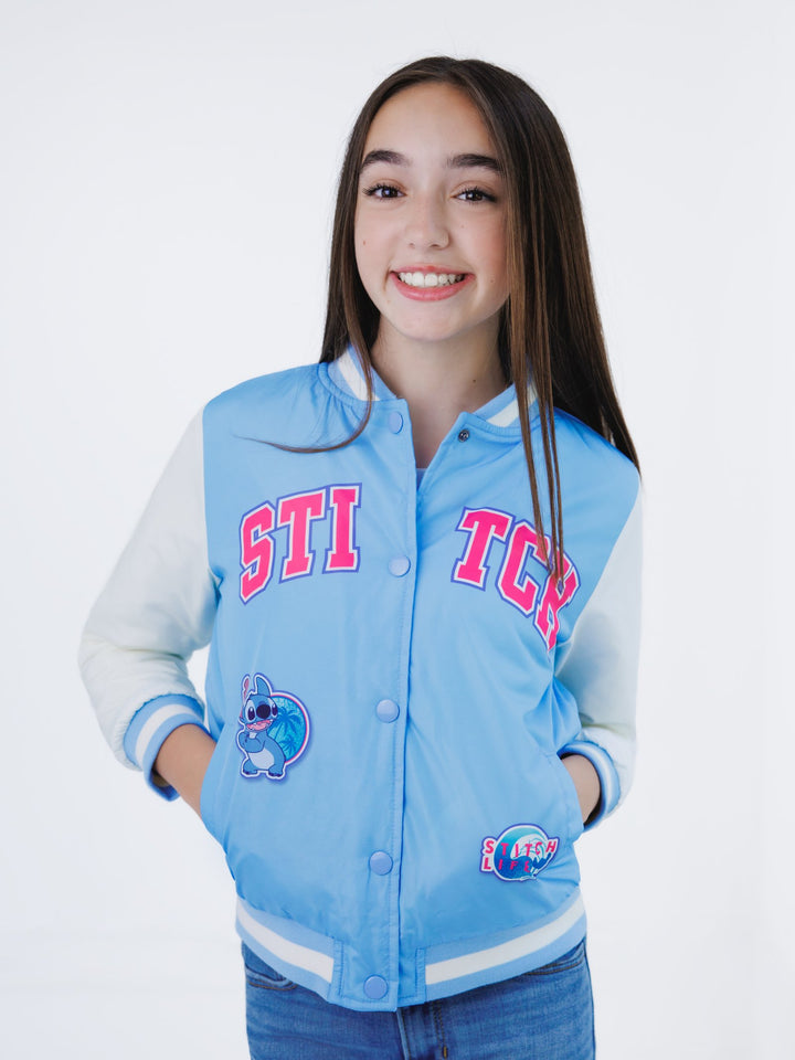 Lilo & Stitch Girls' Varsity Bomber Jacket Light Blue