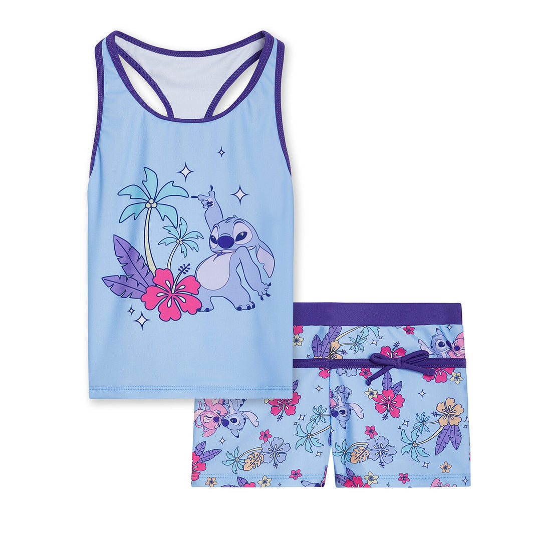 Lilo & Stitch Girls' Swimwear 2-Piece Tankini and Swim Shorts Set Angel Sky Blue