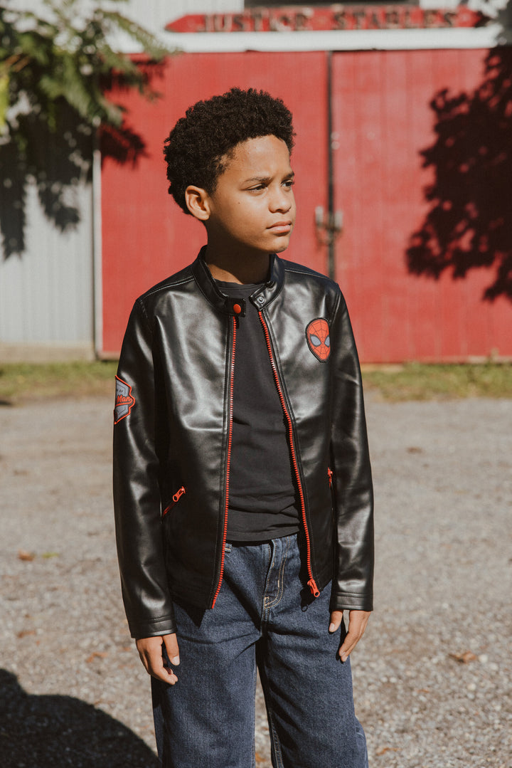 Marvel Spider-Man Boys' Zip-Up Leather Jacket Black Red