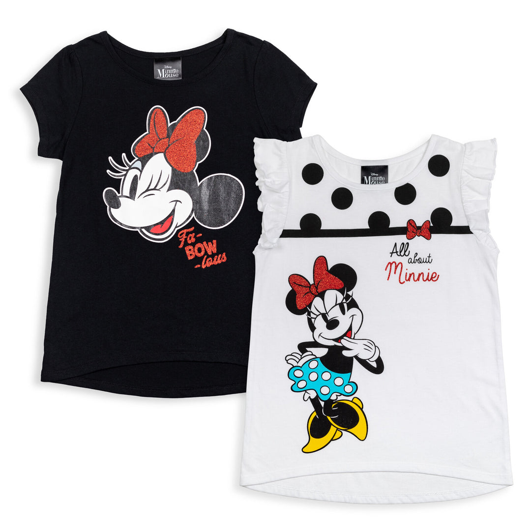Minnie Mouse Girls' 2-Pack Glitter Tees Black White Polka Dot