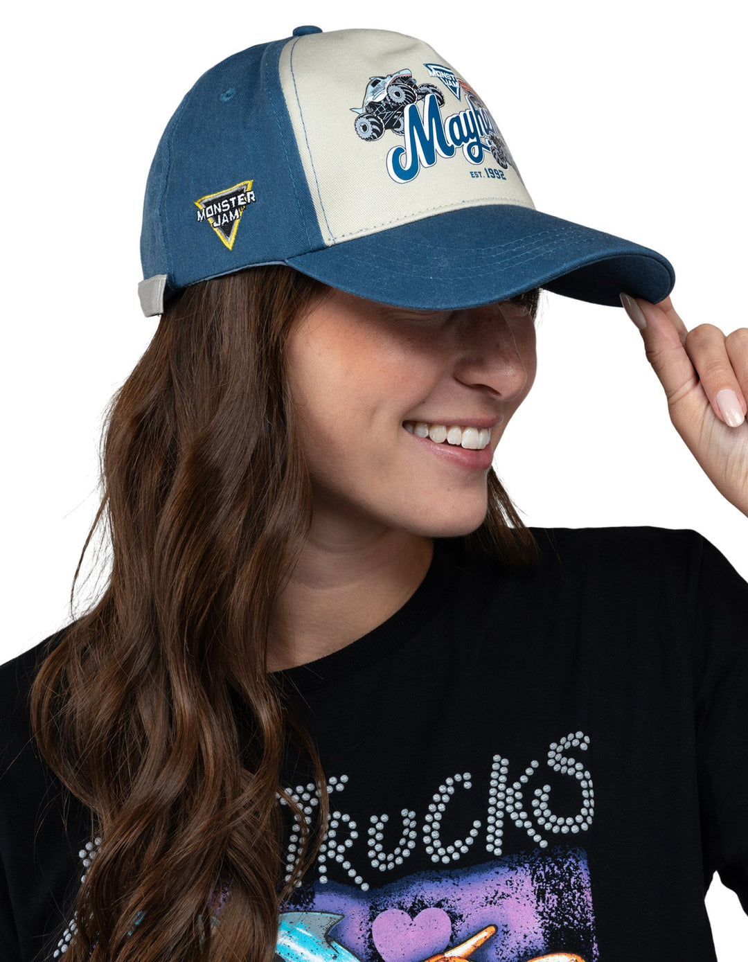 Monster Jam Adult Men or Women Adjustable Strapback Baseball Cap Blue Beige