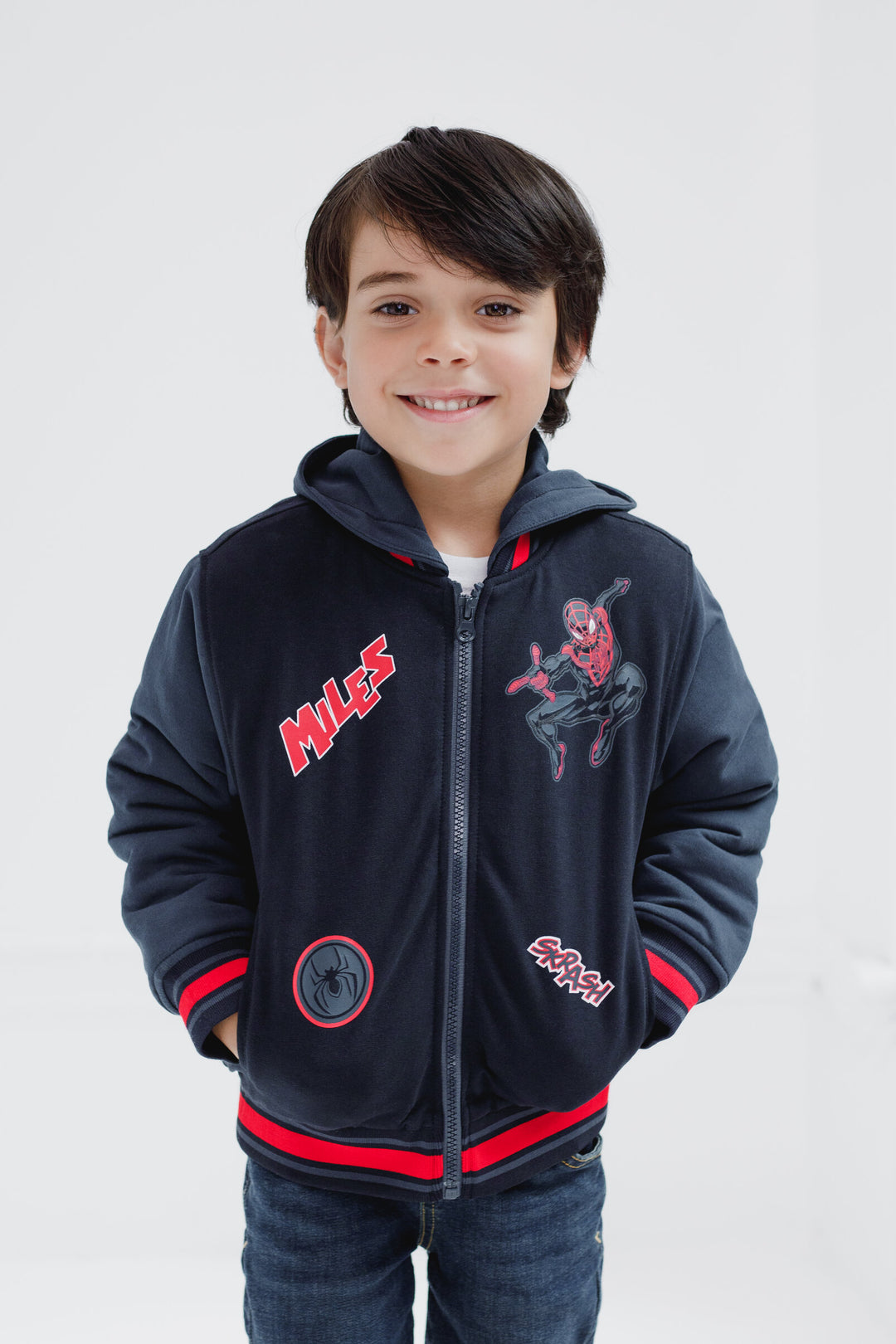 Marvel Spider-Verse Miles Morales Boys' Varsity Hooded Bomber Jacket Black