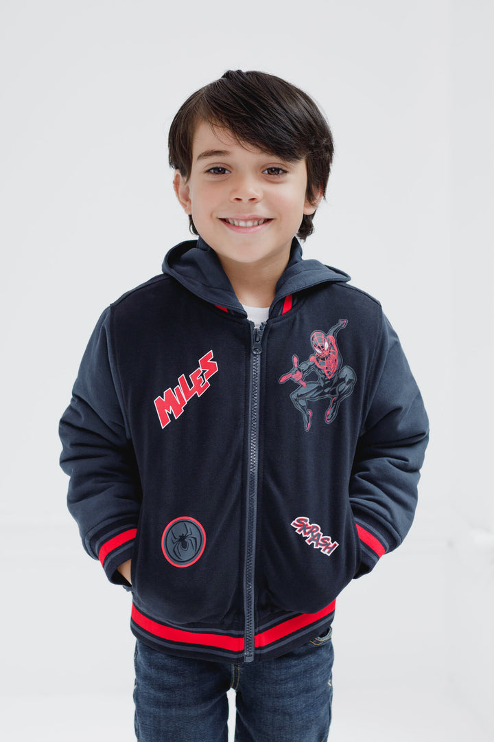 Marvel Spider-Verse Miles Morales Boys' Varsity Hooded Bomber Jacket Black