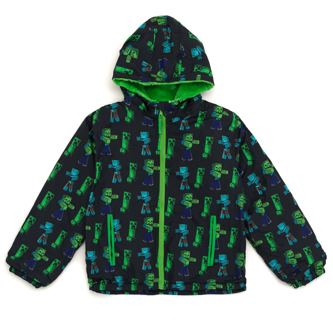 Minecraft Hooded Zip-Up Rain Jacket Creeper Zombie Black