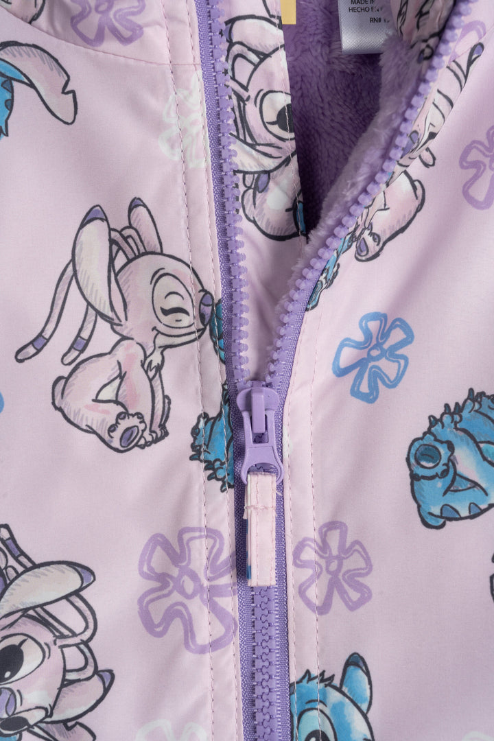 Lilo & Stitch Girls' Hooded Zip-Up Rain Jacket Pink And Angel