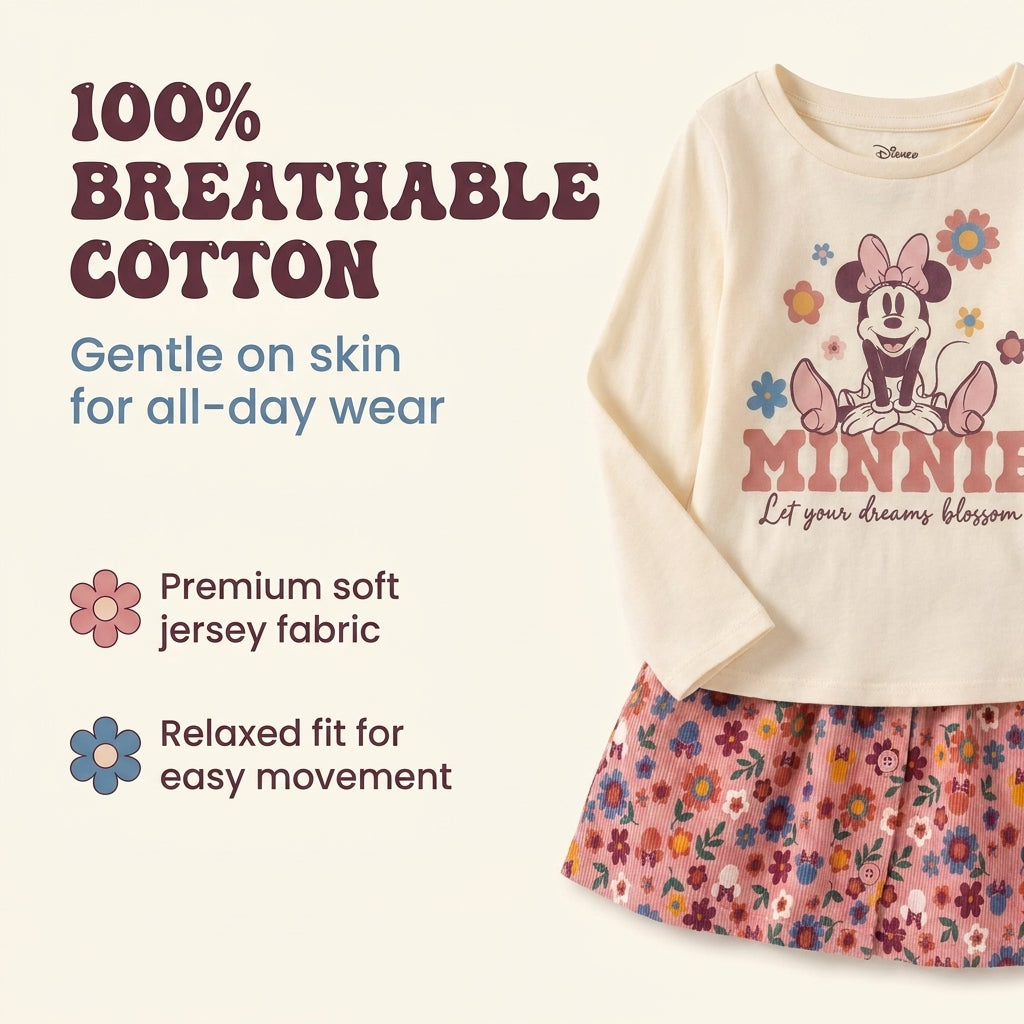 Minnie Mouse Girls' Long Sleeve Tee and Corduroy Skirt Set Cream Pink