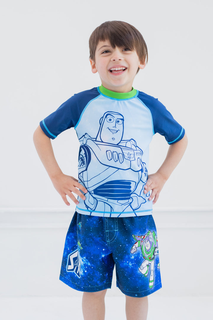 Disney Toy Story Short Sleeve Rash Guard and Swim Trunks Set Buzz Aliens Blue