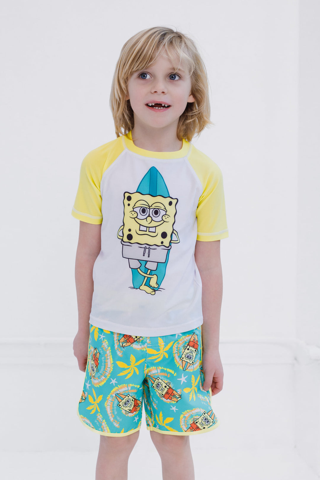 SpongeBob SquarePants Boys' 2-Piece Swimwear Rash Guard and Swim Trunks Set Teal