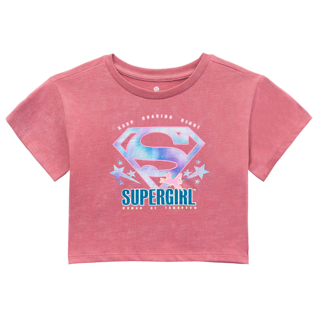 DC Comics Justice League Supergirl Girls' Cropped 2-Piece T-Shirt and Skort Set Pink Wash