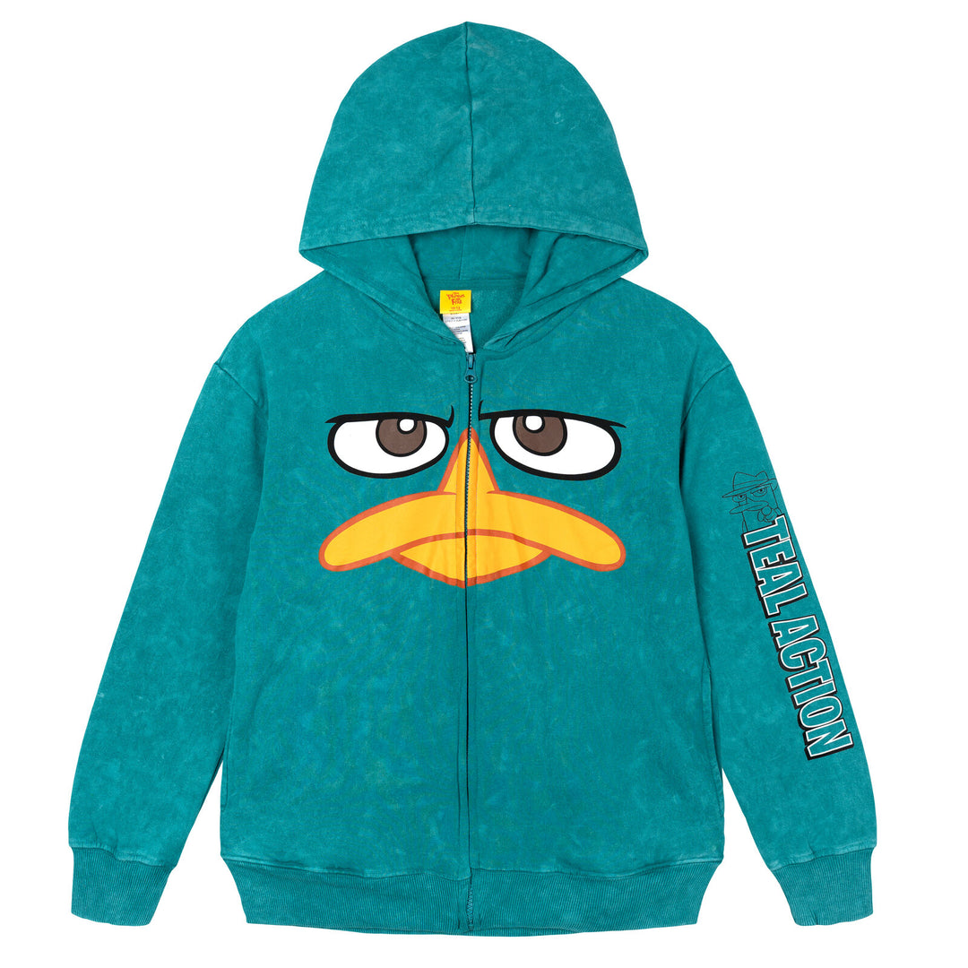 Phineas & Ferb Phineas and Ferb Perry the Platypus Matching Family Cosplay Fleece Zip-Up Hoodie Agent P Mineral Teal