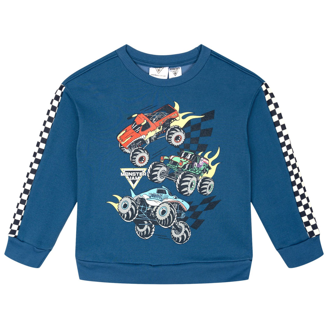 Monster Jam Boys' Fleece 2-Piece Sweatshirt and Pants Set Checkered Blue