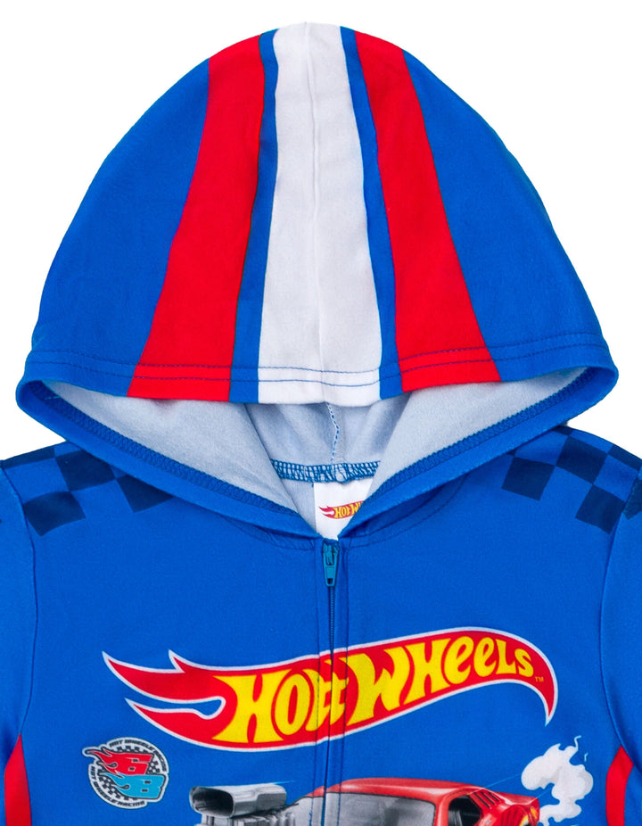 Hot Wheels Boys' Racing Fleece Hooded One Piece Pajama Royal Blue Red