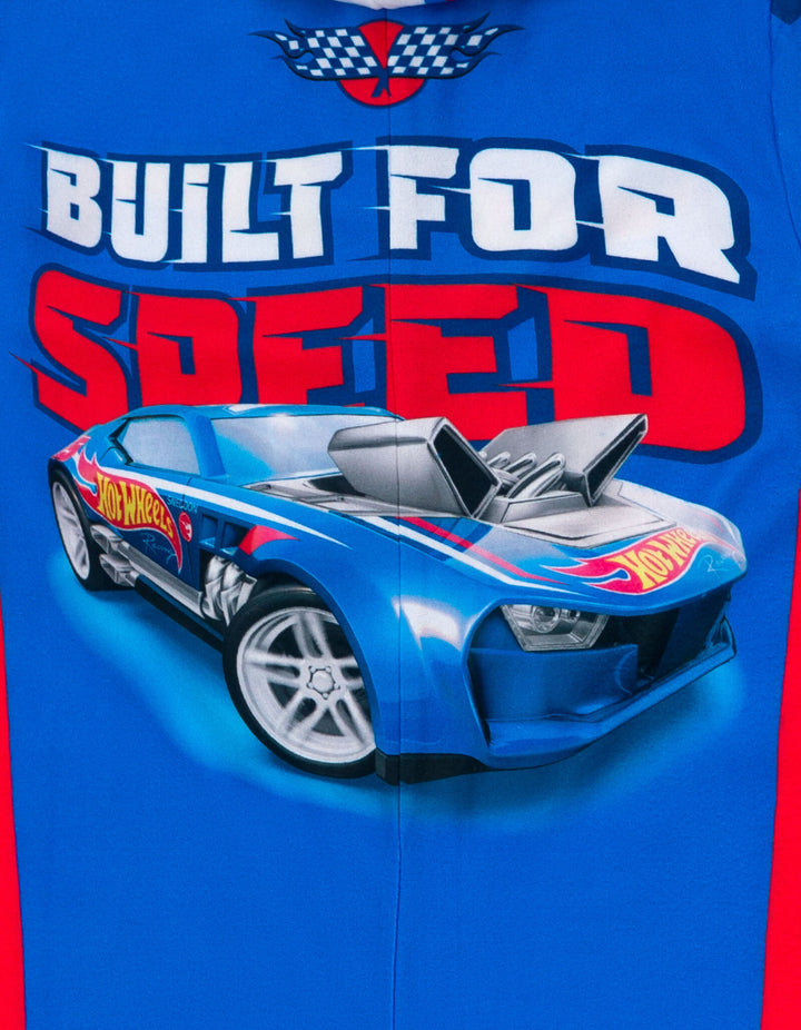 Hot Wheels Boys' Racing Fleece Hooded One Piece Pajama Royal Blue Red