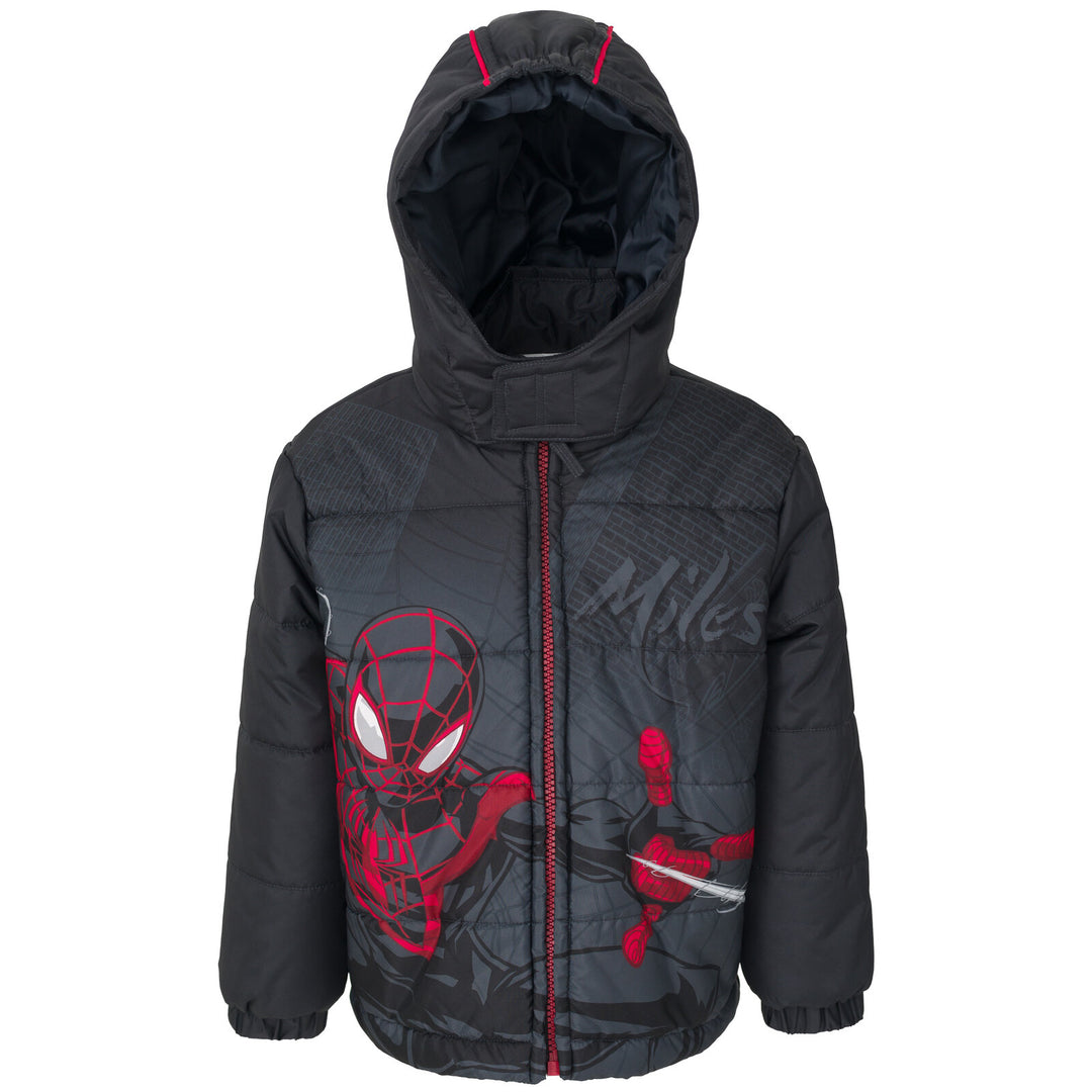 Marvel Spider-Verse Miles Morales Boys' Hooded Zip-Up Puffer Jacket Black