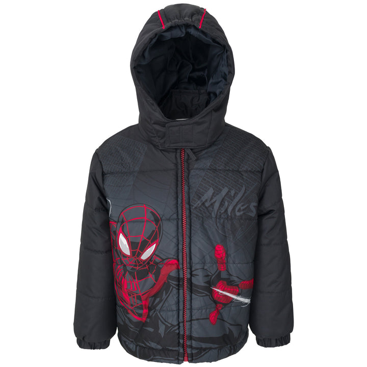 Marvel Spider-Verse Miles Morales Boys' Hooded Zip-Up Puffer Jacket Black