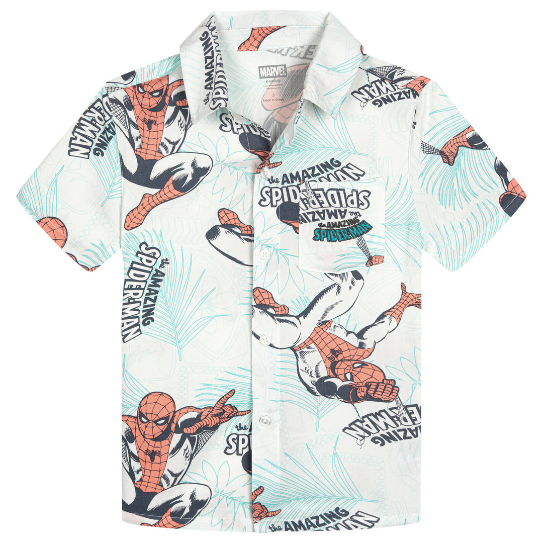 Marvel Spider-Man Boys' Hawaiian Short Sleeve Button Down Shirt Ivory