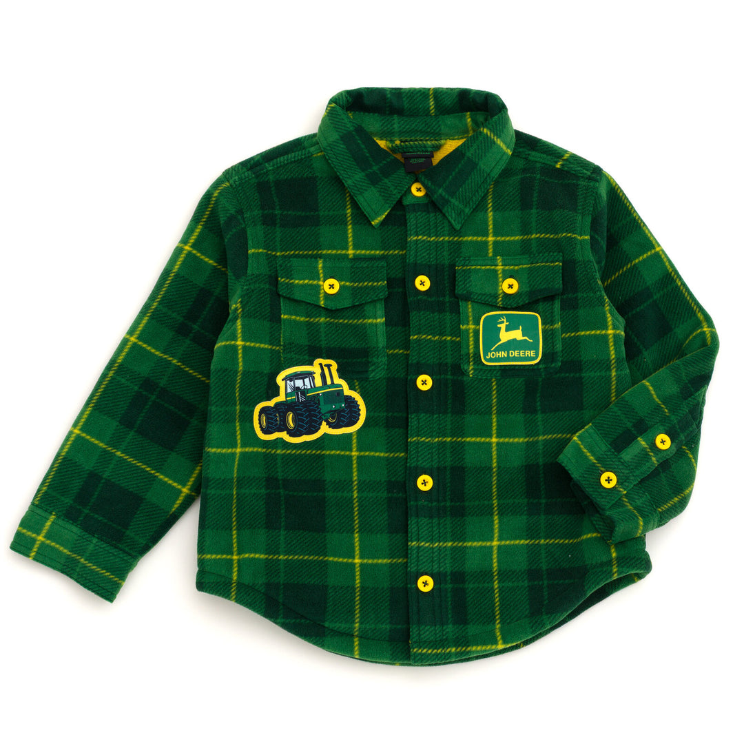 John Deere Boys' Fleece Lined Shacket Green Yellow Plaid